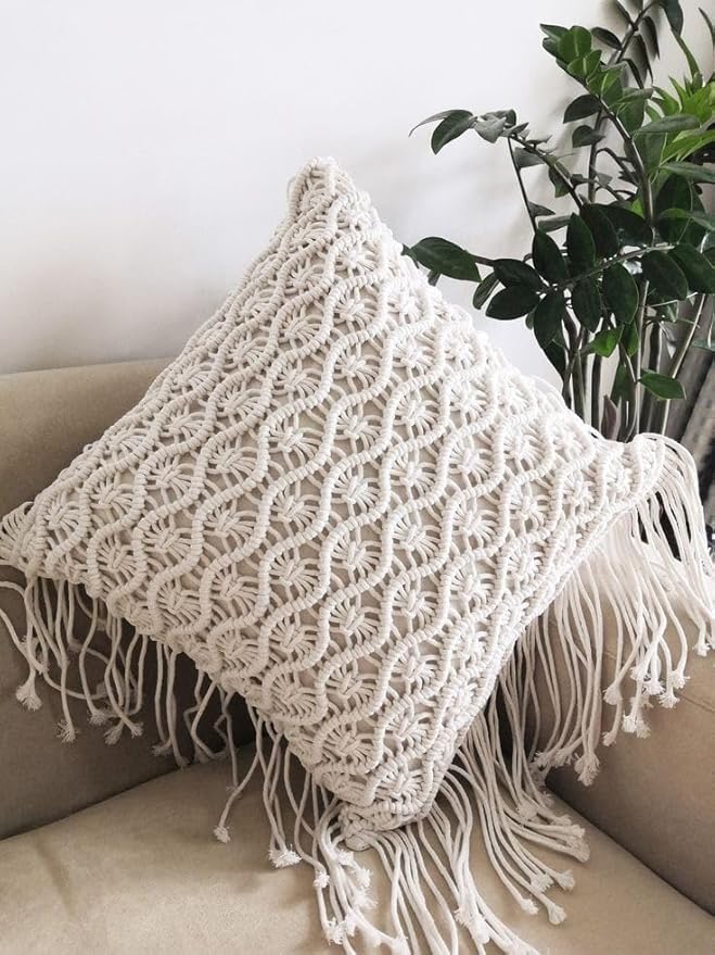 White Macrame Cushion With Cover 16 x 16 inches - Leechoo